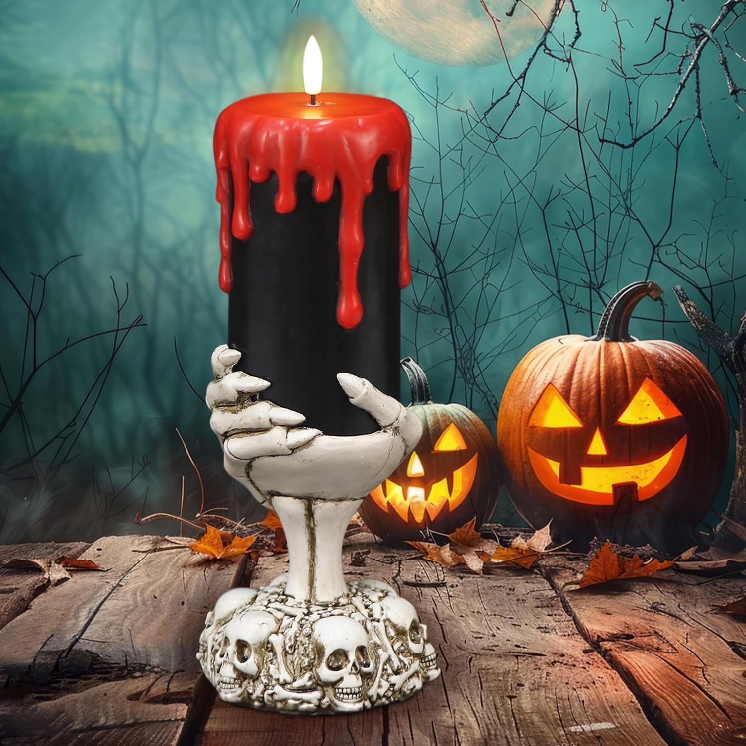 Eldnacele Halloween LED Flameless Flickering Candles Battery Operated with 6H Timer Skull Spider Web Crow Raven Spooky Decals Halloween Themed Indoor Decoration(3 Pack, D3 X H6)