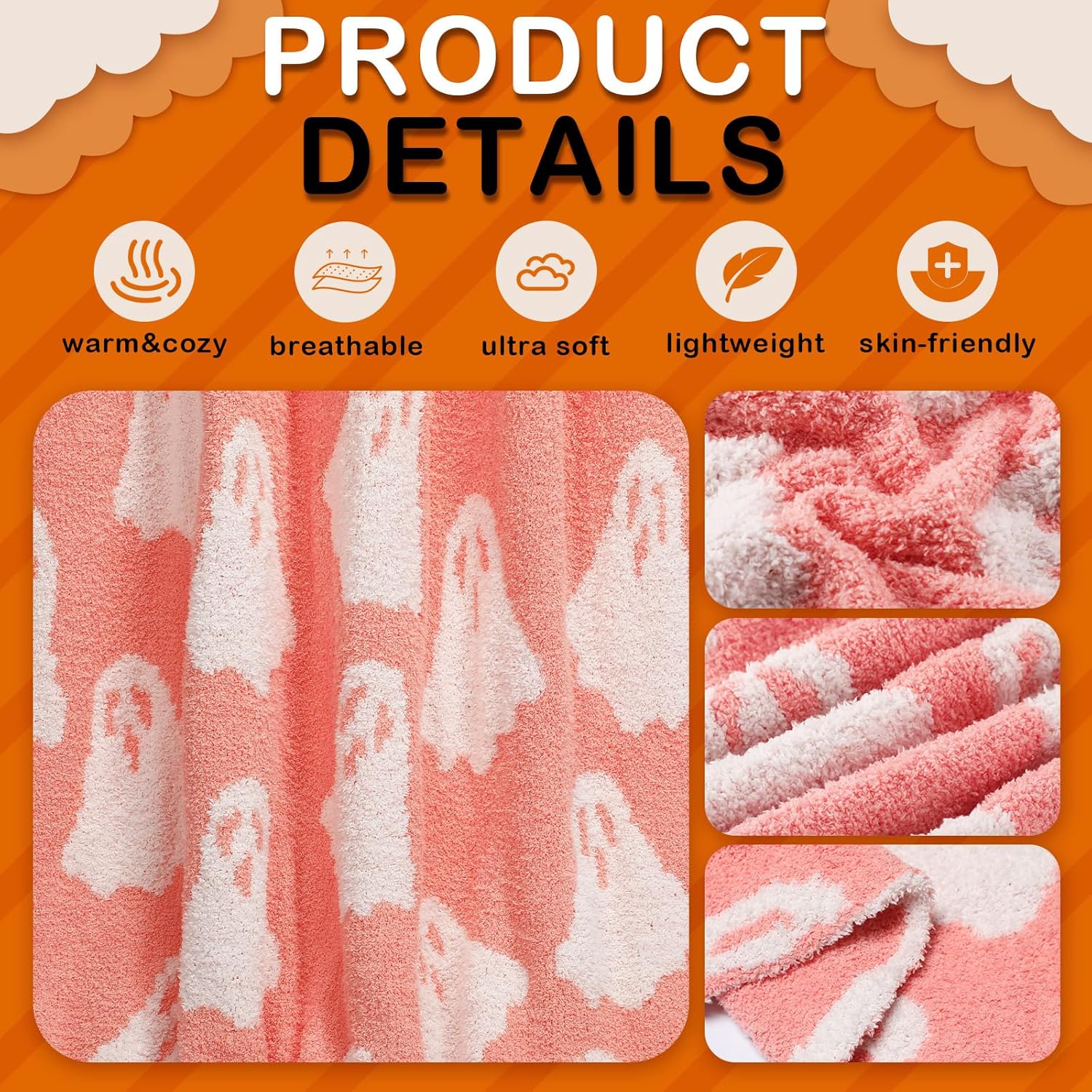 50 X 60'' Halloween Microfiber Throw Blanket Pink Ghost Blanket Soft, Cozy, Fluffy for Living Room, Sofa, Bed (Ghost, Peach Pink)