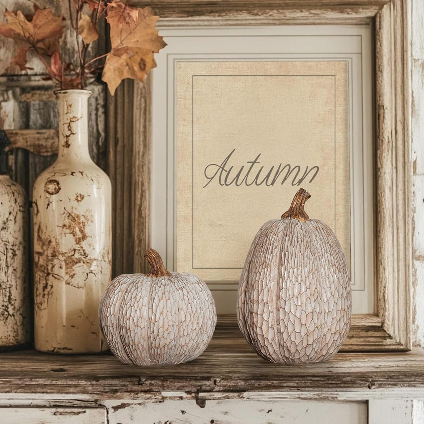 Thanksgiving Resin Pumpkins Fall Decor, Brown and White Decorative Pumpkins Figurine, Artificial Carved Faux Pumpkin Statues for Rustic Fall Tabletop Home Decor, Farmhouse, Autumn, Harvest, Wedding