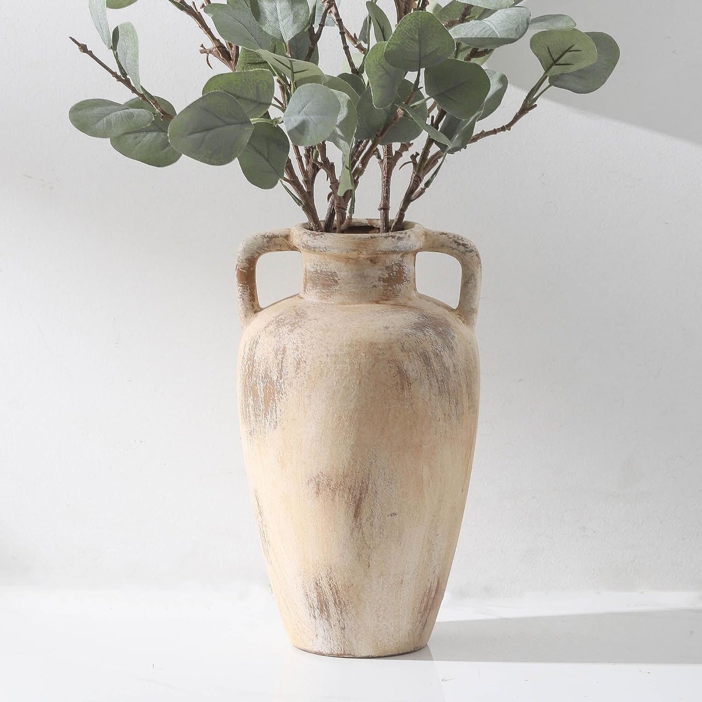 Large Ceramic Vase - 11.41 Inch Tall Rustic Vase with 2 Handles, Decorative Flower Vases for Home Decor, Living Room Shelf Decor, Table Office