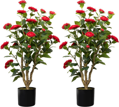 Artificial Camellia Tree, 3FT Yellow Fake Tree Blooming Camellia Flower Plant for Spring Home Front Door Outdoor Indoor Decoration
