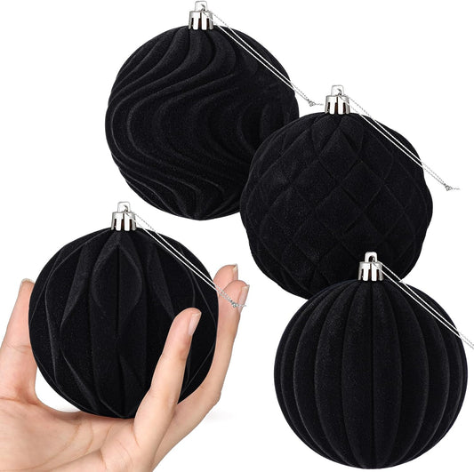4 Pcs 4 Inch Large Velvet Christmas Ball Ornaments Vintage Christmas Plastic Ball Ornaments Flocked Tree Hanging Decoration for Xmas Party Wedding Home Decor(Black)