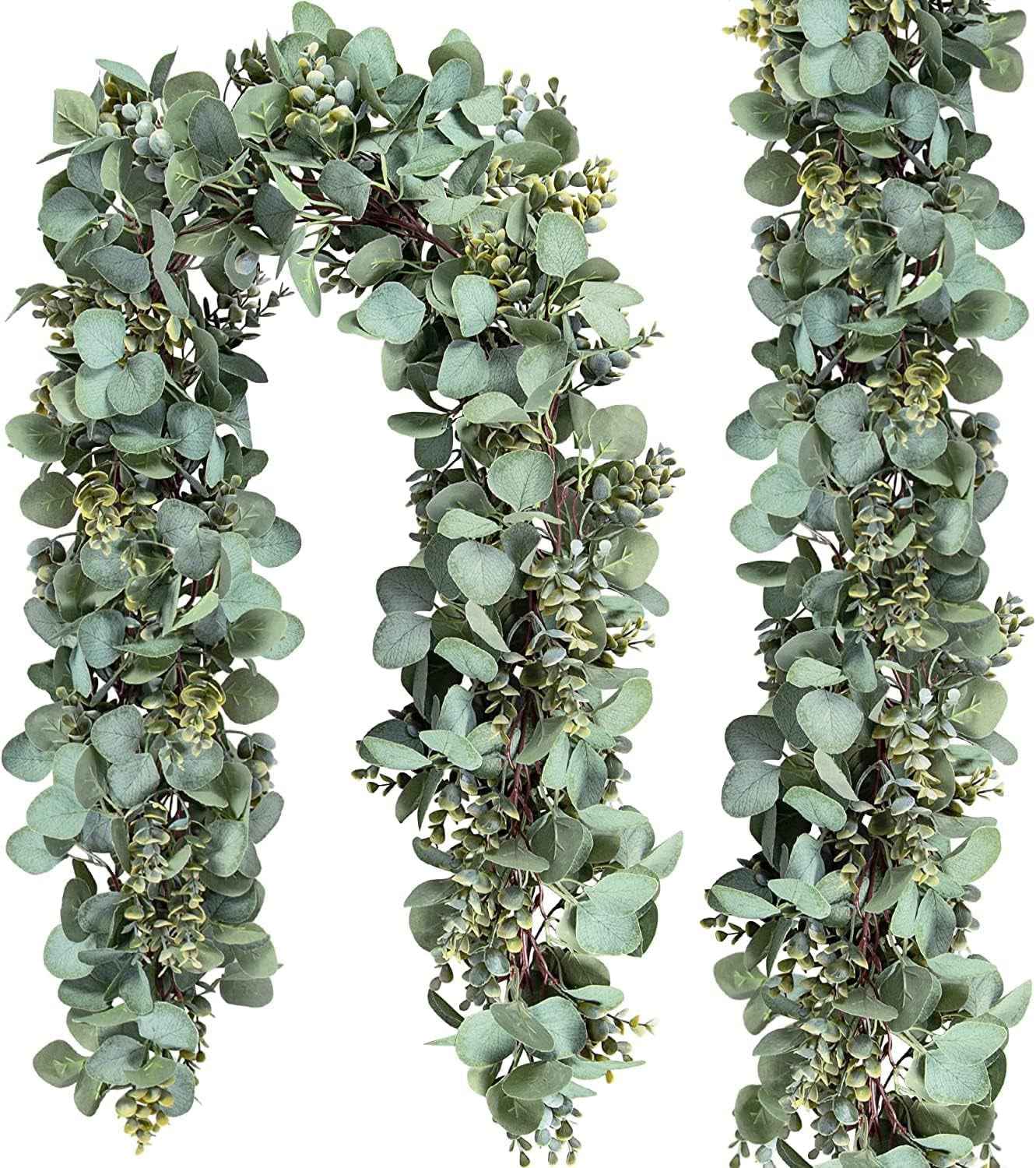 Ouddy Decor Eucalyptus Garland 6.56 Ft Lush Silver Dollar Leaves Boxwood Artificial Faux Greenery Vines for Baby Shower Wedding Party Table Runner Room Home Mantle Decor