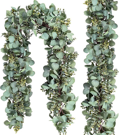 Ouddy Decor Eucalyptus Garland 6.56 Ft Lush Silver Dollar Leaves Boxwood Artificial Faux Greenery Vines for Baby Shower Wedding Party Table Runner Room Home Mantle Decor