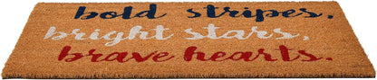 Patriotic Coir Entry Doormat with Bold Stripes, Bright Stars, Brave Hearts - Non-Slip Americana Summer Entry Mat for July 4th or Memorial Day