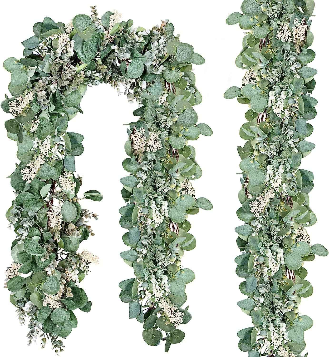 Ouddy Decor Eucalyptus Garland 6.56 Ft Lush Silver Dollar Leaves Boxwood Artificial Faux Greenery Vines for Baby Shower Wedding Party Table Runner Room Home Mantle Decor
