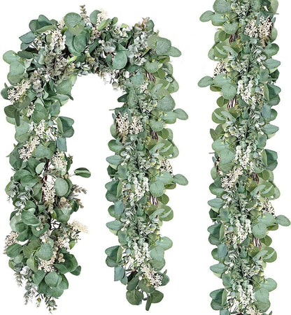 Ouddy Decor Eucalyptus Garland 6.56 Ft Lush Silver Dollar Leaves Boxwood Artificial Faux Greenery Vines for Baby Shower Wedding Party Table Runner Room Home Mantle Decor