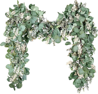 Ouddy Decor Eucalyptus Garland 6.56 Ft Lush Silver Dollar Leaves Boxwood Artificial Faux Greenery Vines for Baby Shower Wedding Party Table Runner Room Home Mantle Decor