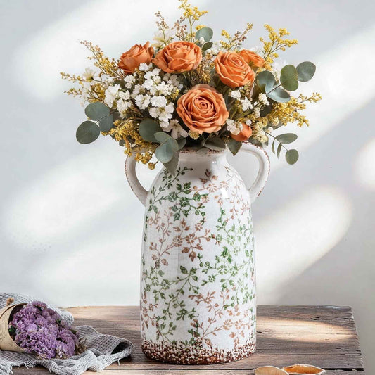 Enra Large Vintage Green and Beige Ceramic Chinoiserie Floral Vase, 11.2 Inch Rustic Decorative Flower Vase for Home, Living Room, Kitchen, or Office – Pastoral Retro Design