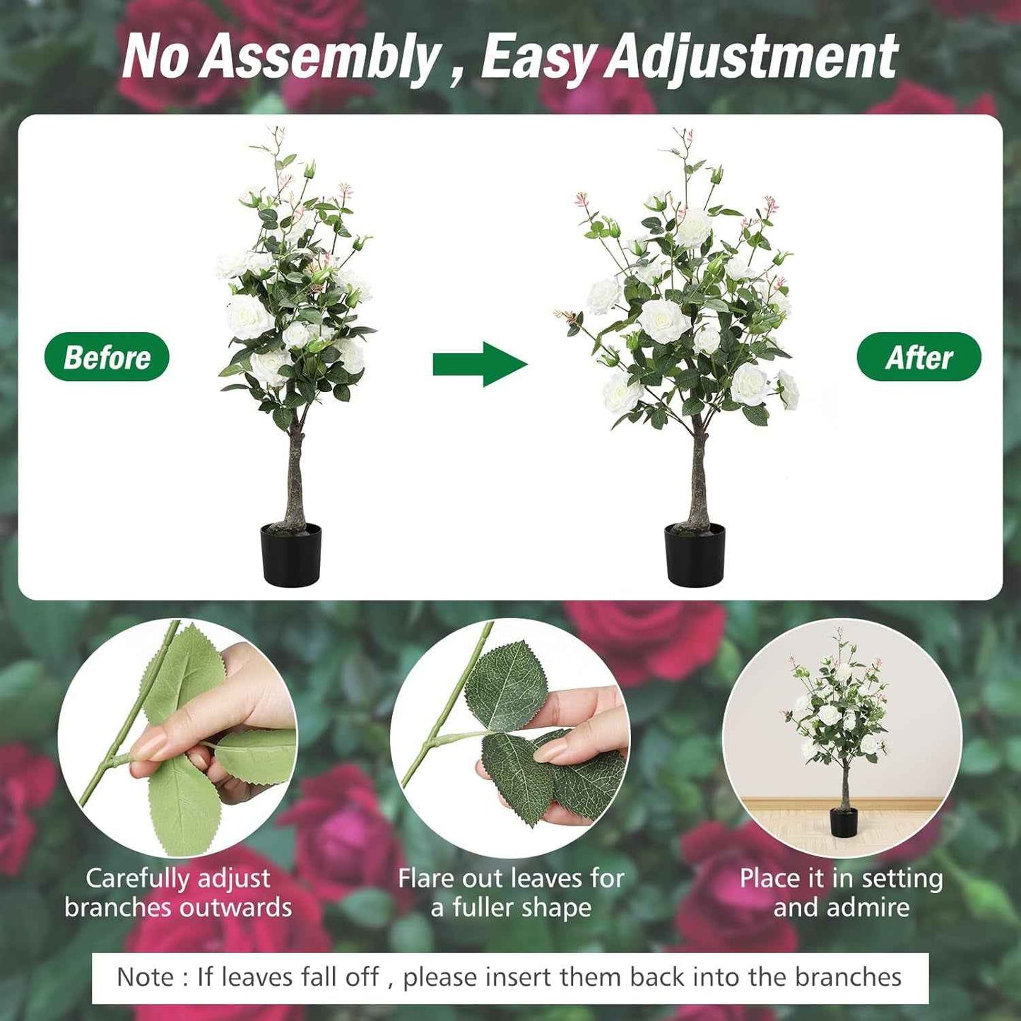 Romantic Season 2Pack Artificial Rose Flower Trees, 42Inch White Faux Rose Tree with Green Leaves for Living Room Office Home Outdoor Indoor Decor