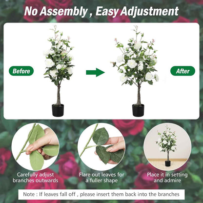 Romantic Season 2Pack Artificial Rose Flower Trees, 42Inch White Faux Rose Tree with Green Leaves for Living Room Office Home Outdoor Indoor Decor