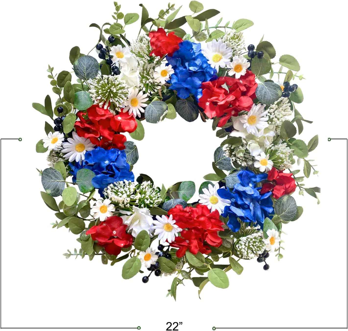 22 Inch Patriotic Flower Wreath for Front Door, July 4th Hydrangea Daisy Wreath for Indoor and Outdoor, Memorial Day Decoration