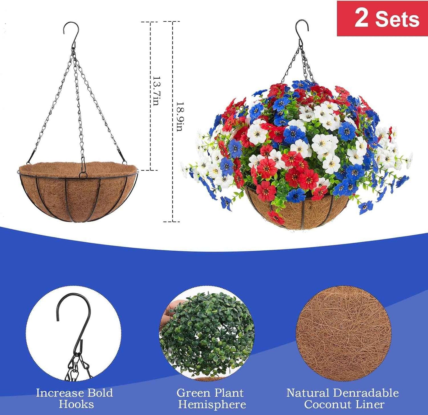 Hananona 2 Set Artificial Outdoor Flowers Hanging Basket with 24 Pcs Patriotic Flowers for Summer Front Porch Patio 4th of July Decor (2, Red, White, Blue)