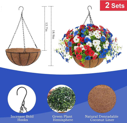 Hananona 2 Set Artificial Outdoor Flowers Hanging Basket with 24 Pcs Patriotic Flowers for Summer Front Porch Patio 4th of July Decor (2, Red, White, Blue)