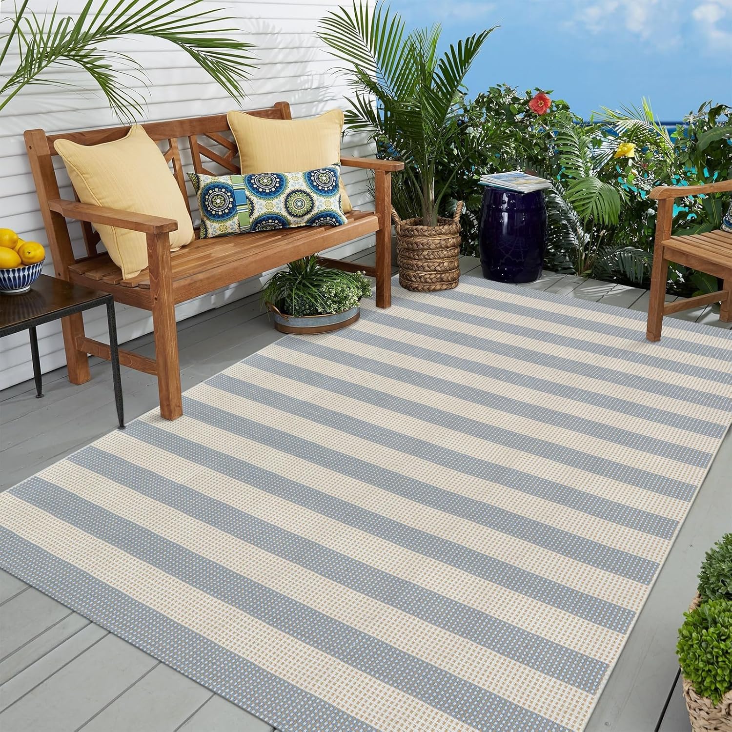 Washable Outdoor Rug 3'X5', Blue/White/Tan Outdoor Area Rug Entryway Rugs Indoor Door Mat Front Porch Rug Cotton Small Checkered Rug Floor Carpet for Entry/Patio/Bedroom/Living Room