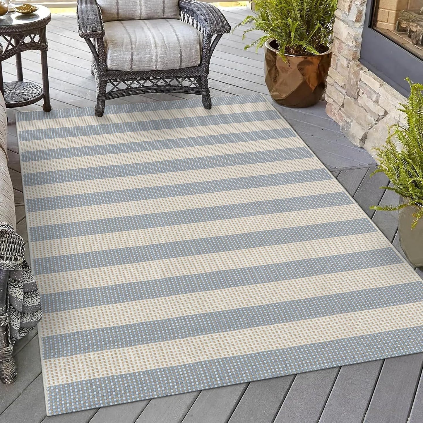 Washable Outdoor Rug 3'X5', Blue/White/Tan Outdoor Area Rug Entryway Rugs Indoor Door Mat Front Porch Rug Cotton Small Checkered Rug Floor Carpet for Entry/Patio/Bedroom/Living Room
