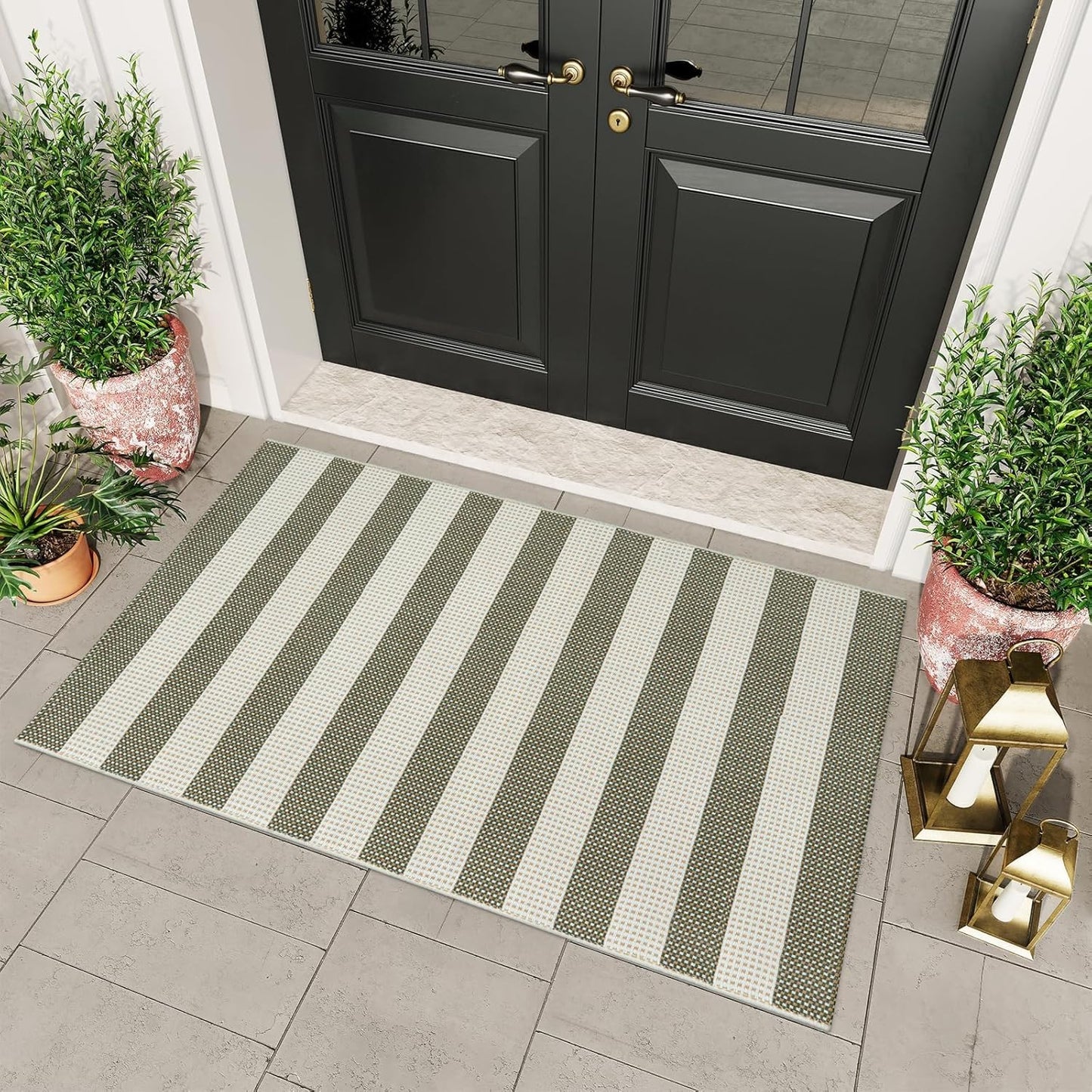 Washable Outdoor Rug 3'X5', Blue/White/Tan Outdoor Area Rug Entryway Rugs Indoor Door Mat Front Porch Rug Cotton Small Checkered Rug Floor Carpet for Entry/Patio/Bedroom/Living Room