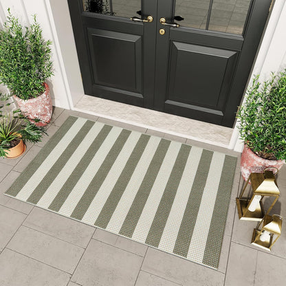 Washable Outdoor Rug 3'X5', Blue/White/Tan Outdoor Area Rug Entryway Rugs Indoor Door Mat Front Porch Rug Cotton Small Checkered Rug Floor Carpet for Entry/Patio/Bedroom/Living Room