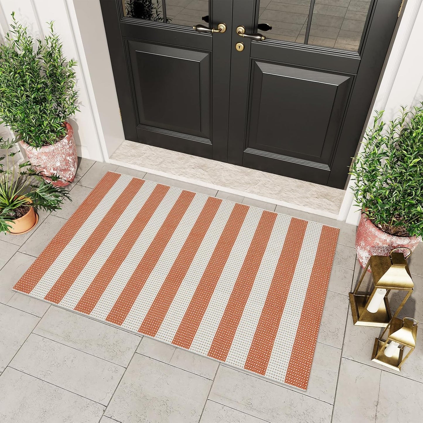 Washable Outdoor Rug 3'X5', Blue/White/Tan Outdoor Area Rug Entryway Rugs Indoor Door Mat Front Porch Rug Cotton Small Checkered Rug Floor Carpet for Entry/Patio/Bedroom/Living Room