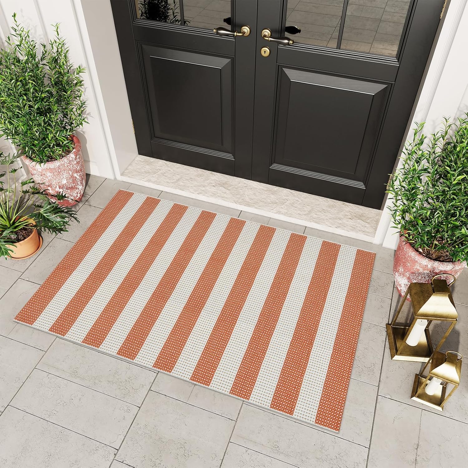 Washable Outdoor Rug 3'X5', Blue/White/Tan Outdoor Area Rug Entryway Rugs Indoor Door Mat Front Porch Rug Cotton Small Checkered Rug Floor Carpet for Entry/Patio/Bedroom/Living Room