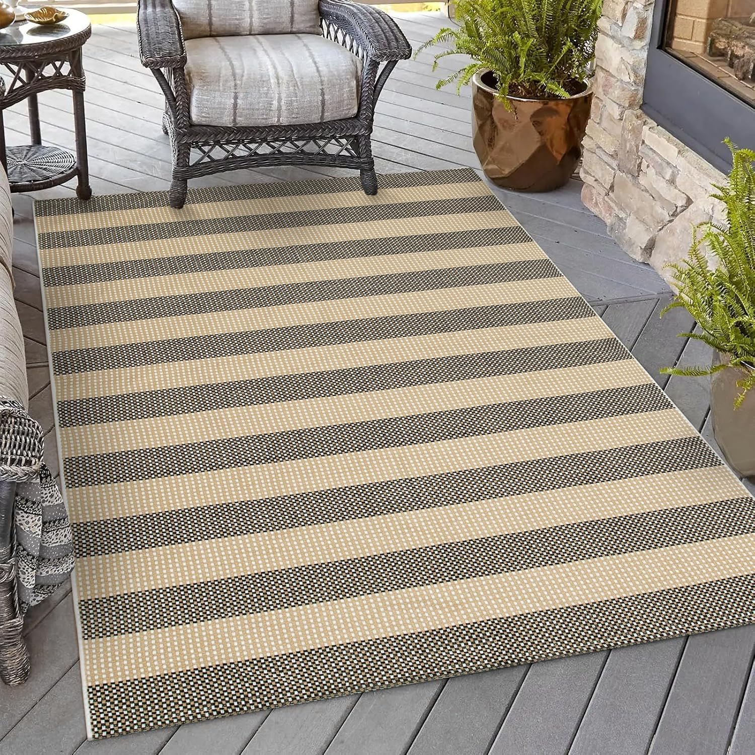 Washable Outdoor Rug 3'X5', Blue/White/Tan Outdoor Area Rug Entryway Rugs Indoor Door Mat Front Porch Rug Cotton Small Checkered Rug Floor Carpet for Entry/Patio/Bedroom/Living Room