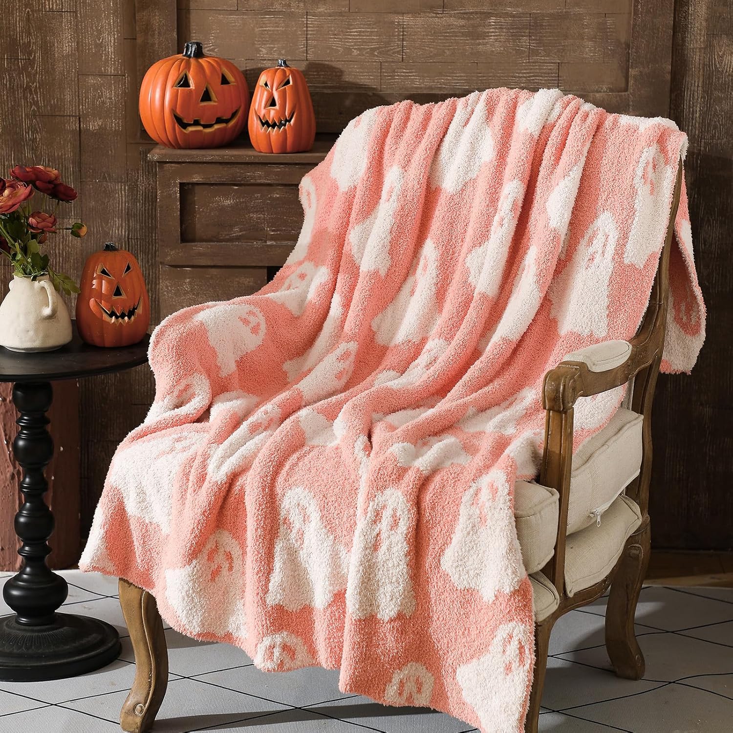 50 X 60'' Halloween Microfiber Throw Blanket Pink Ghost Blanket Soft, Cozy, Fluffy for Living Room, Sofa, Bed (Ghost, Peach Pink)