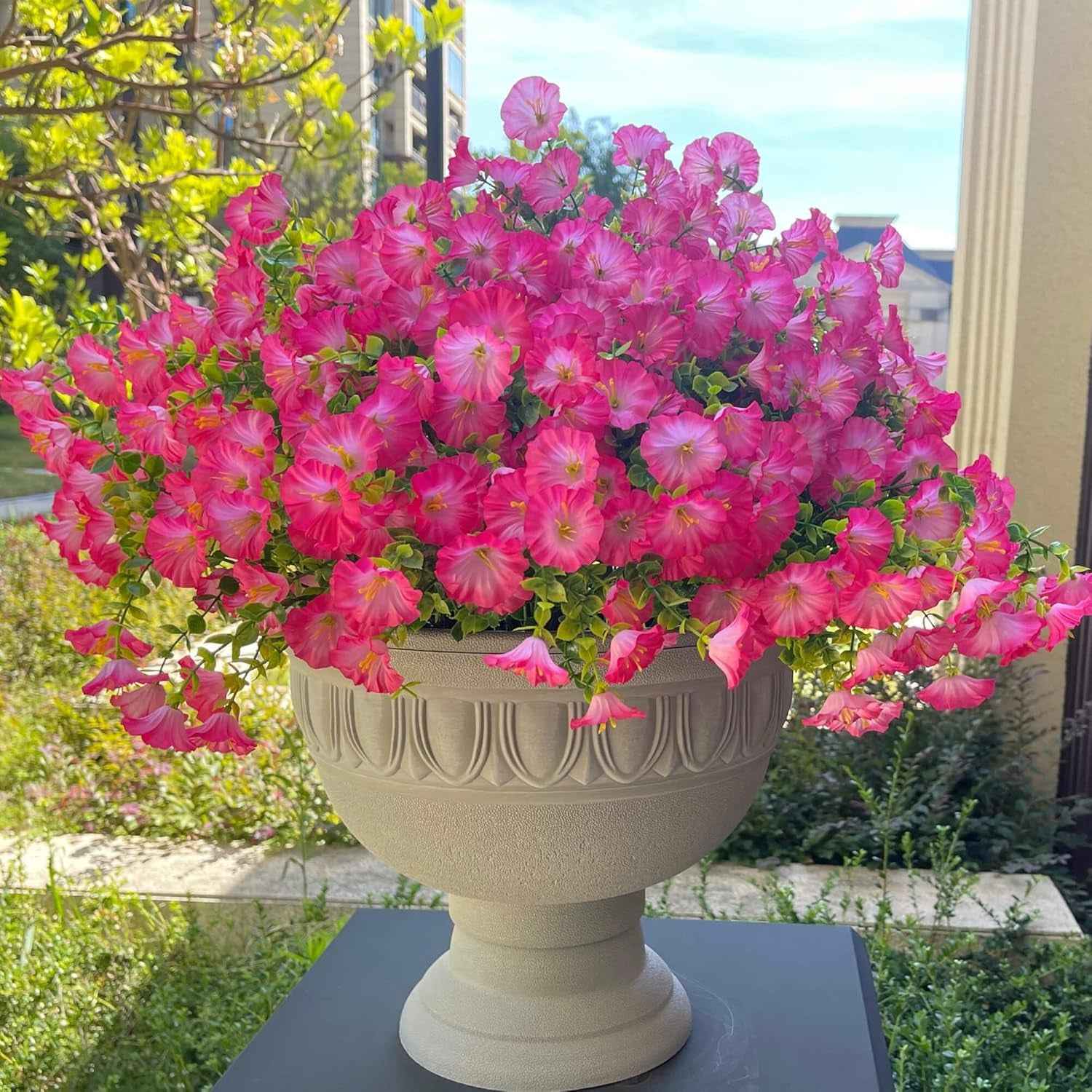 Artificial Fake Flowers for Outdoor outside Decoration,16 Bundles UV Resistant Faux Plastic White Flowers with Green Eucalyptus Stem Plants Bulk Look Real for Home Porch Yard Patio Planters (White)