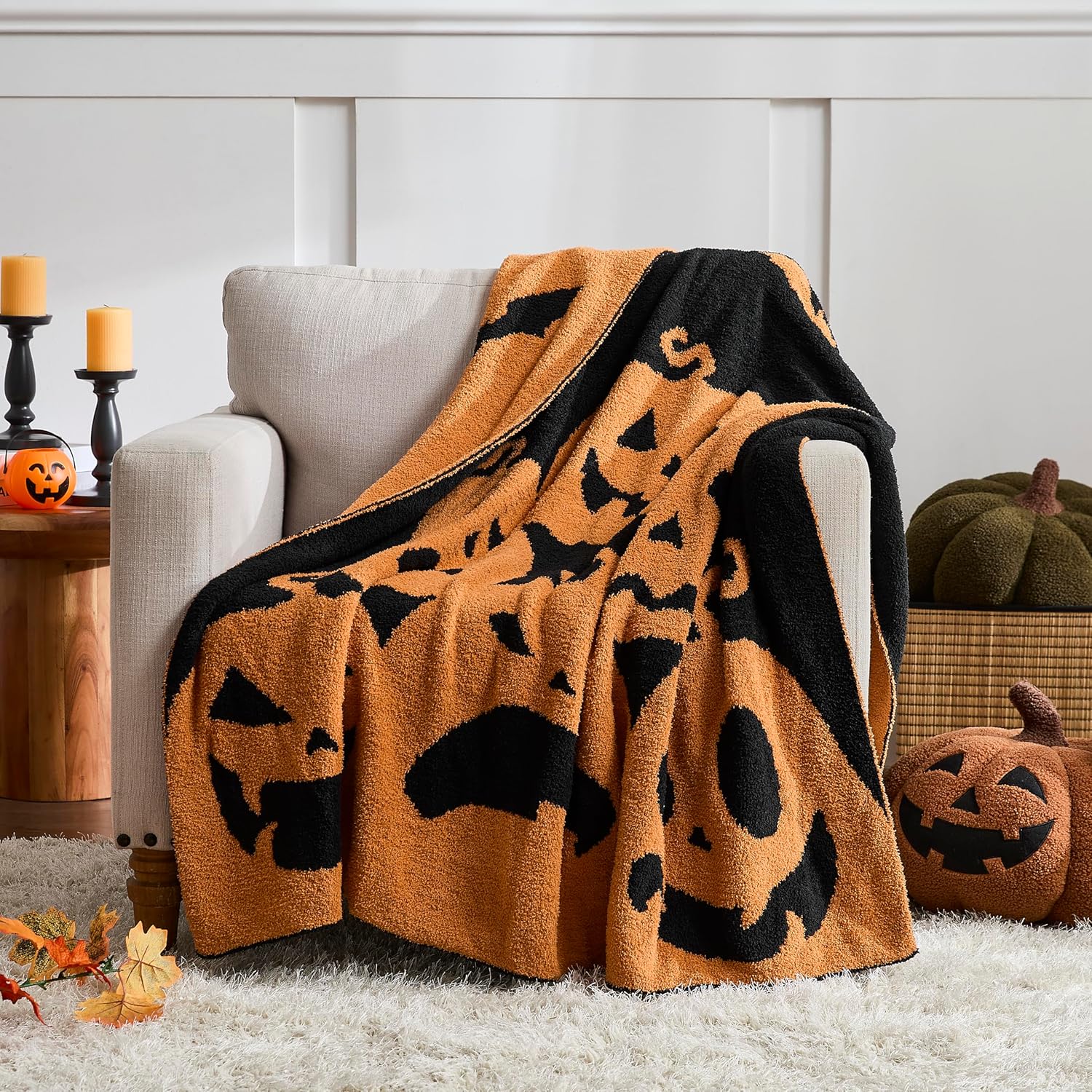 WDCOZY Halloween Throw Blanket Reversible Super Soft Knitted Blankets for Couch Bed Sofa Microfiber Warm Cozy Comfy Lightweight Fall Comfort Fluffy Fuzzy Knit Blanket Cute 50X60 Inches Pumpkin
