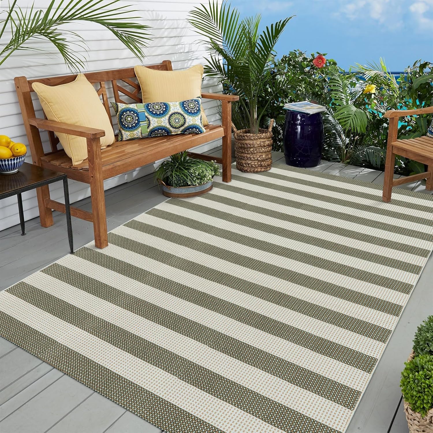 Washable Outdoor Rug 3'X5', Blue/White/Tan Outdoor Area Rug Entryway Rugs Indoor Door Mat Front Porch Rug Cotton Small Checkered Rug Floor Carpet for Entry/Patio/Bedroom/Living Room