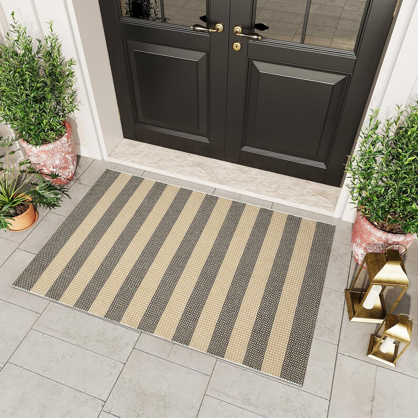 Washable Outdoor Rug 3'X5', Blue/White/Tan Outdoor Area Rug Entryway Rugs Indoor Door Mat Front Porch Rug Cotton Small Checkered Rug Floor Carpet for Entry/Patio/Bedroom/Living Room