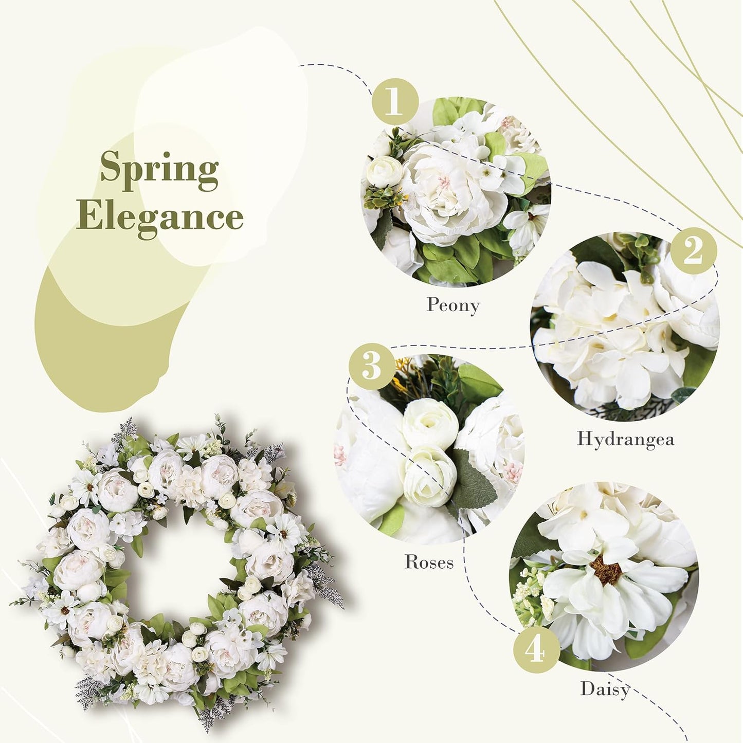 Peony Wreath 23'' Spring Wreaths for Front Door, Artificial Large Floral Wreath for Front Door Wall Decor, Valentine’S Day Home Wedding Housewarming Gift Ezsenses (White)