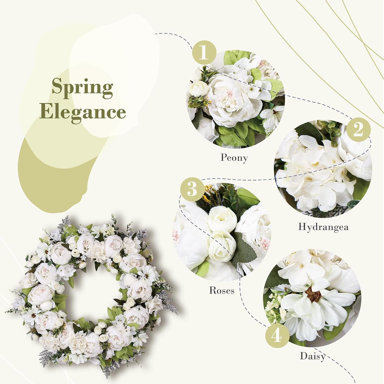 Peony Wreath 23'' Spring Wreaths for Front Door, Artificial Large Floral Wreath for Front Door Wall Decor, Valentine’S Day Home Wedding Housewarming Gift Ezsenses (White)