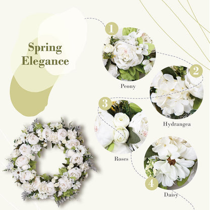 Peony Wreath 23'' Spring Wreaths for Front Door, Artificial Large Floral Wreath for Front Door Wall Decor, Valentine’S Day Home Wedding Housewarming Gift Ezsenses (White)