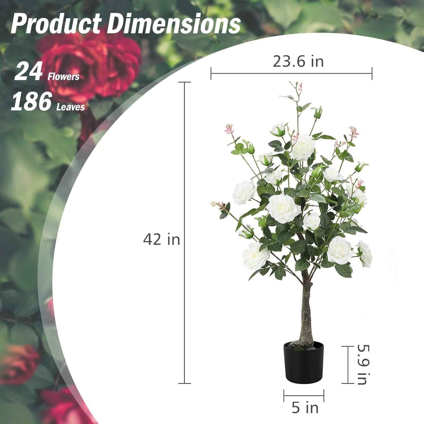 Romantic Season 2Pack Artificial Rose Flower Trees, 42Inch White Faux Rose Tree with Green Leaves for Living Room Office Home Outdoor Indoor Decor