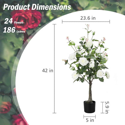 Romantic Season 2Pack Artificial Rose Flower Trees, 42Inch White Faux Rose Tree with Green Leaves for Living Room Office Home Outdoor Indoor Decor