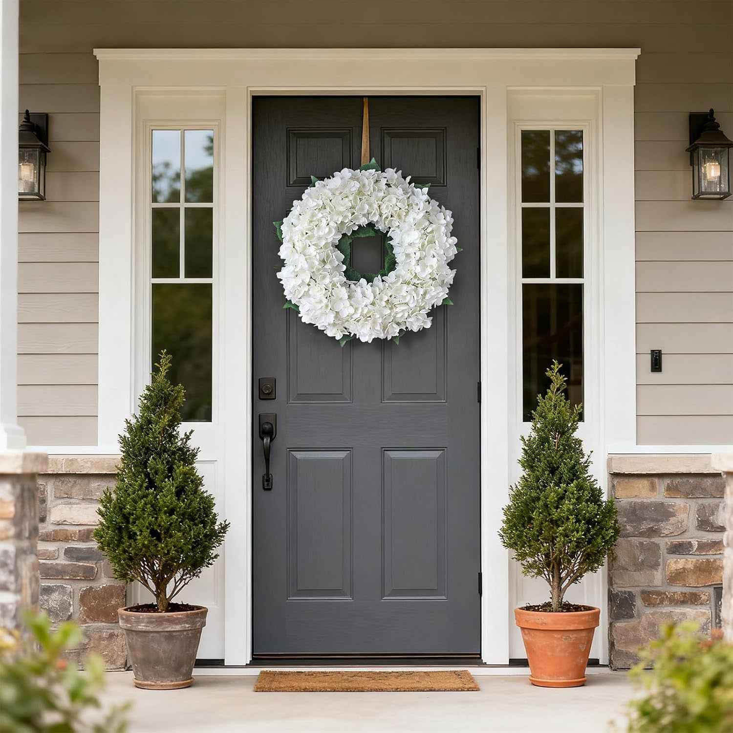 Artificial Hydrangea Wreath for Front Door, 21" Spring Summer White Flower Wreath, Fuax Hydrangeas Leaves for Home Mantel Wall Farmhouse Decor