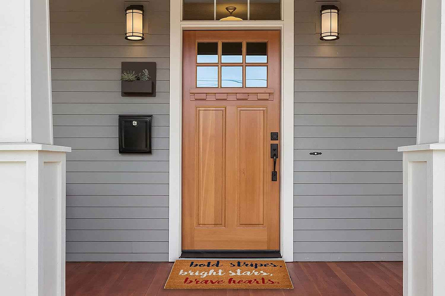 Patriotic Coir Entry Doormat with Bold Stripes, Bright Stars, Brave Hearts - Non-Slip Americana Summer Entry Mat for July 4th or Memorial Day