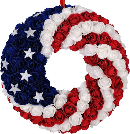 Idyllic 20 Inch Patriotic Wreath for Front Door, PE Roses with Metal Stars - Perfect for Home Decoration & Memorial Day, 4th of July Celebrations
