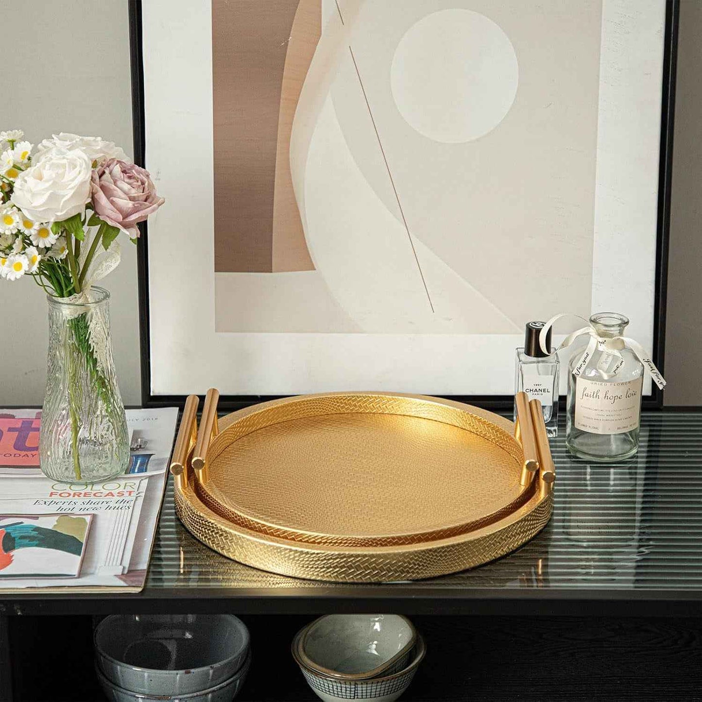 2 Piece Golden round Serving Tray with Handles, Woven-Texture Faux Leather Ottoman Tray for Living Room, Decorative Tray for Coffee Table Home Decor