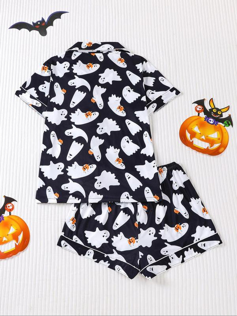 Women'S Ghost Print Shirt & Elastic Waist Shorts Pyjama, Casual Comfy Short Sleeve Top & Shorts Pj Set, Ladies Sleepwear for All Seasons, Loungewear