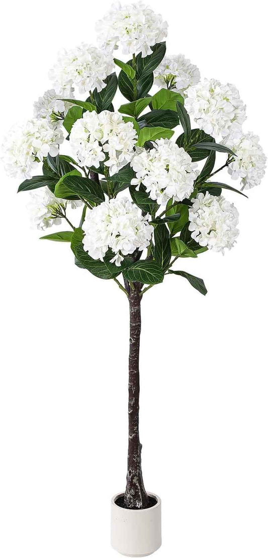 5 FT Artificial Hydrangea Tree- Large Faux Hydrangea Plants Indoor Outdoor，Fake Flower Trees with White Tall Planter for Home Garden,Front Decor