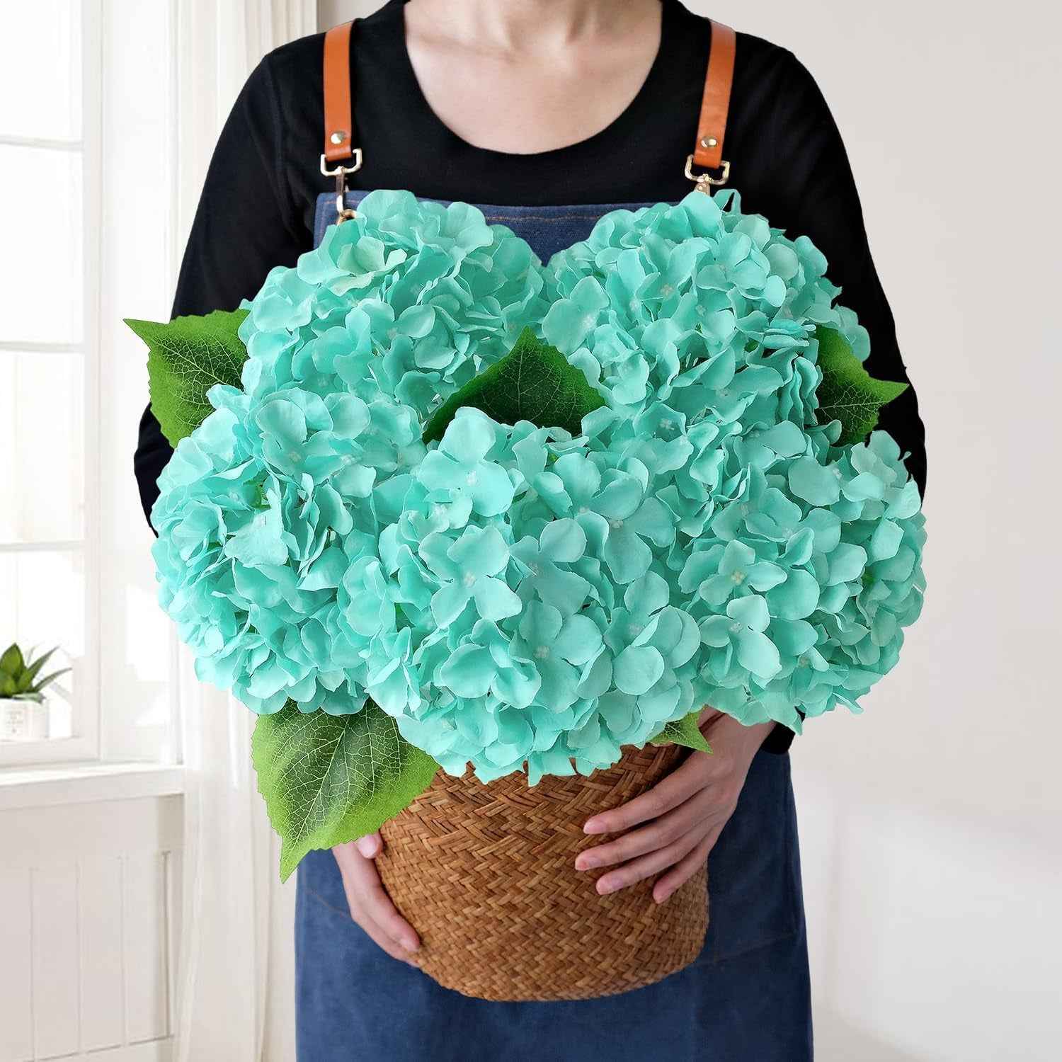 Blue Flowers Hydrangea Artificial Flowers, 5Pcs 20Inch Large Lifelike Silk Artificial Hydrangeas, Full Fake Flowers for Bouquet Table Centerpieces Wedding Indoor Home