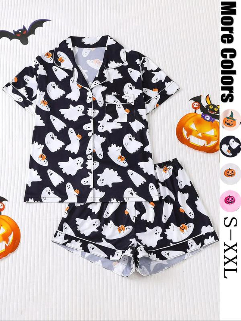 Women'S Ghost Print Shirt & Elastic Waist Shorts Pyjama, Casual Comfy Short Sleeve Top & Shorts Pj Set, Ladies Sleepwear for All Seasons, Loungewear