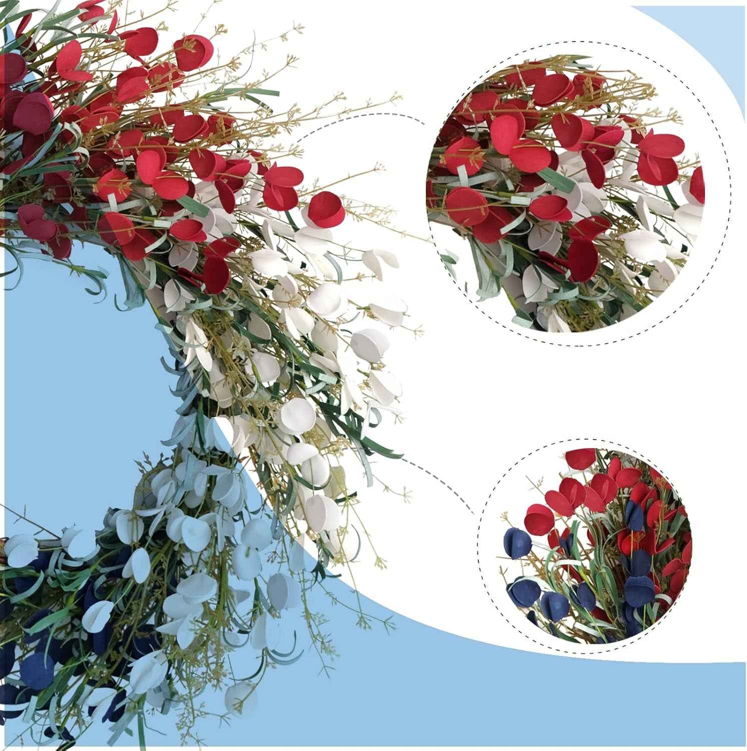 Bibelot 22 Inches American Flag Floral Wreaths Patriotic Decorations Wreath Red White Blue Artificial Floral Twig Wreath 4Th of July Independence Day Memorial Day Flag Day Hanging Decoration
