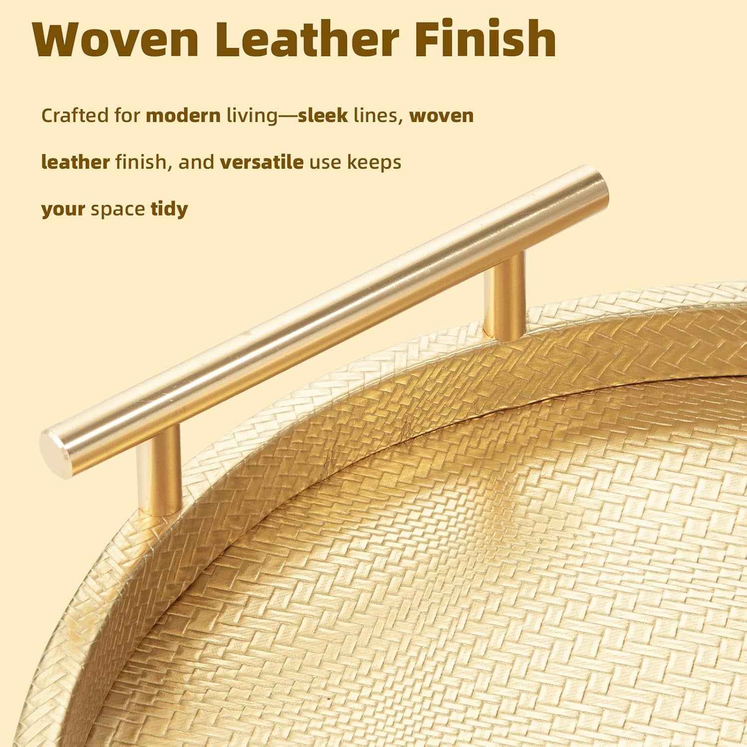 2 Piece Golden round Serving Tray with Handles, Woven-Texture Faux Leather Ottoman Tray for Living Room, Decorative Tray for Coffee Table Home Decor