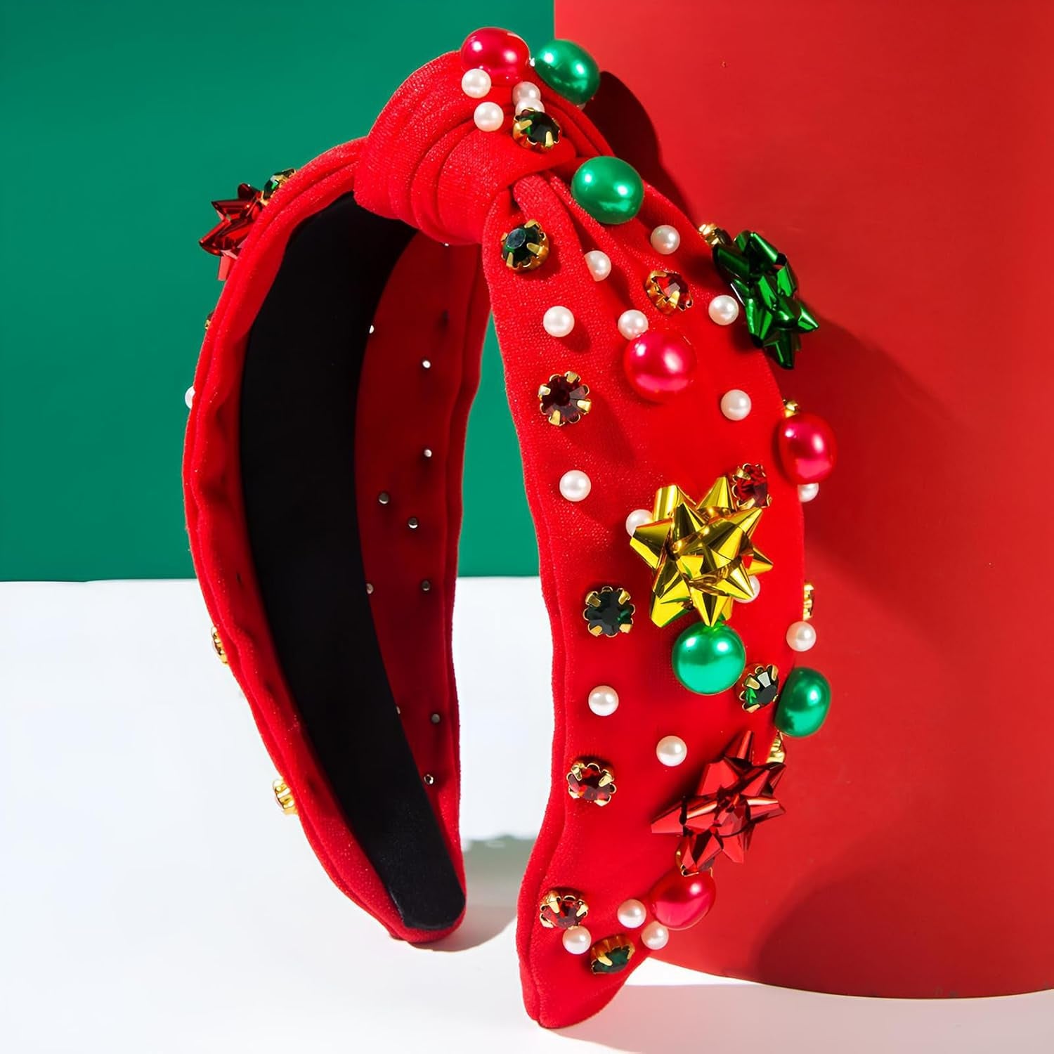 2 Pack Christmas Headband for Women Pearl Rhinestone Crystal Jeweled Xmas Flower Embellished Ladies Wide Top Knot Red Green Makeup Hair Hoop Accessory Holiday Party Costume Decor Gifts
