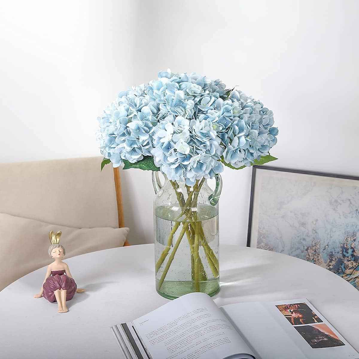 Blue Hydrangea Artificial Flowers 6Pcs Faux Hydrangea Flowers, Fake Flowers for Table Centerpiece, Blue Silk Hydrangea Flowers with Stems for Home Wedding Party Decor