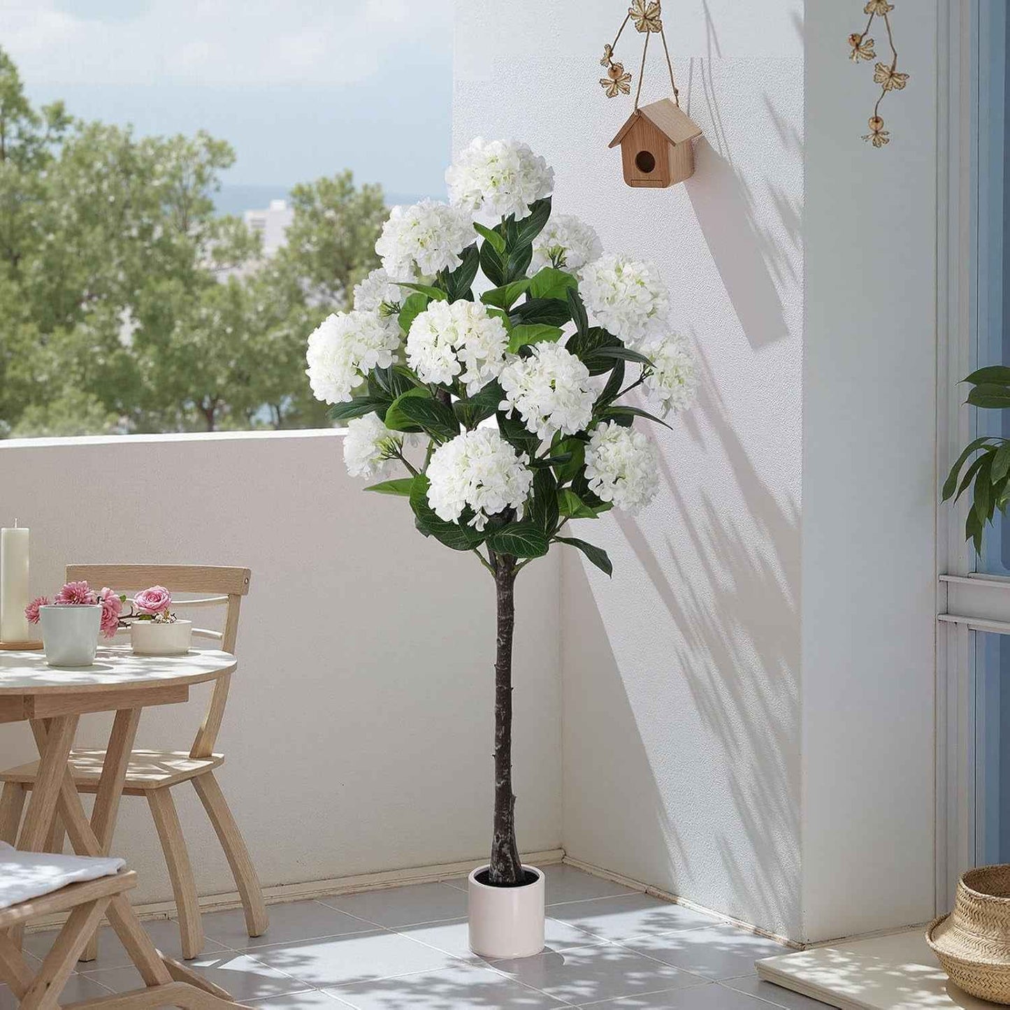 5 FT Artificial Hydrangea Tree- Large Faux Hydrangea Plants Indoor Outdoor，Fake Flower Trees with White Tall Planter for Home Garden,Front Decor
