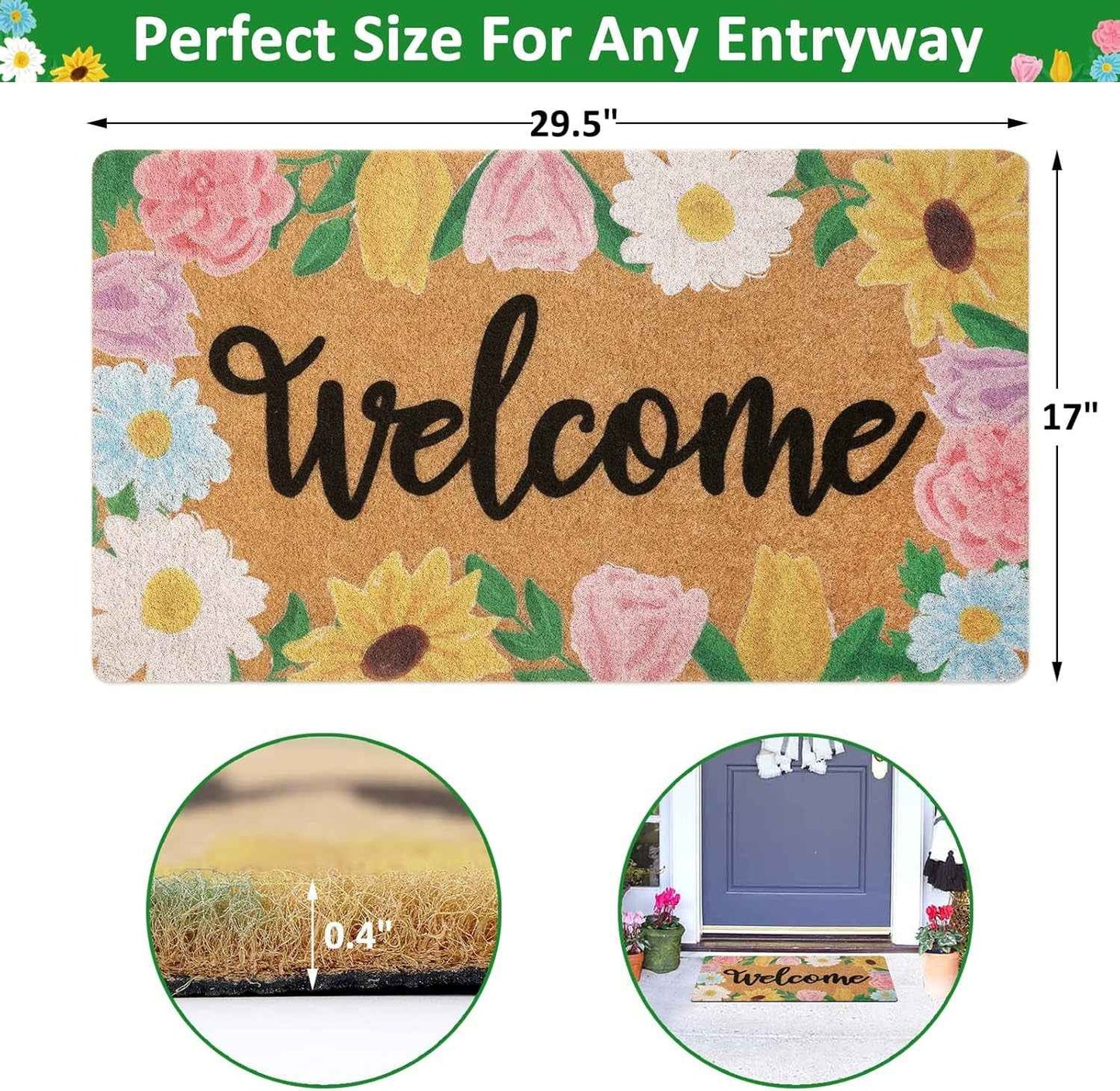 Floral Welcome Doormat Spring Indoor Outdoor Daisy Sunflower Tulip Rose Home Housewarming Front Porch Rugs Floor Mat Entrance Supplies 17 X 30 Inches