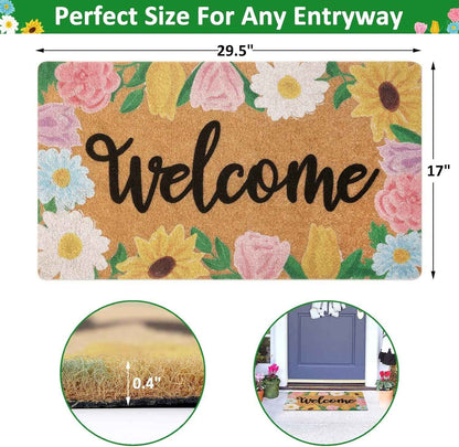 Floral Welcome Doormat Spring Indoor Outdoor Daisy Sunflower Tulip Rose Home Housewarming Front Porch Rugs Floor Mat Entrance Supplies 17 X 30 Inches